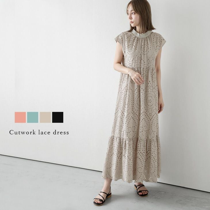 レースワンピース カットワーク ティアード Aライン インナー付き 半袖