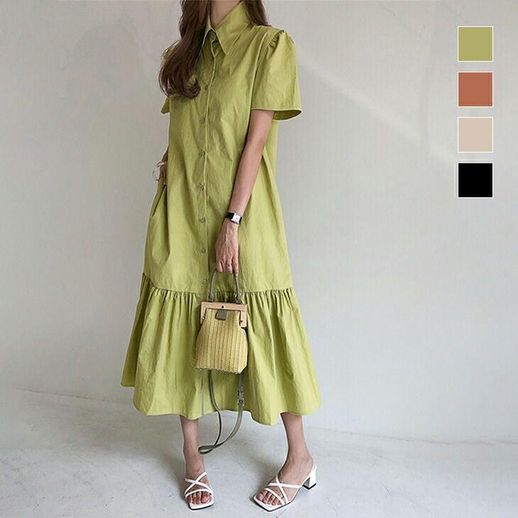 AMELY by La-gemme］裾フレア 切り替え シャツワンピース 半袖 ロング