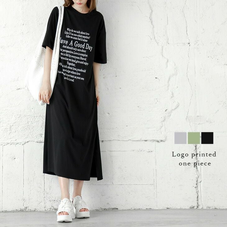 ロゴプリント Tシャツワンピース 5分袖 カジュアル コットン混