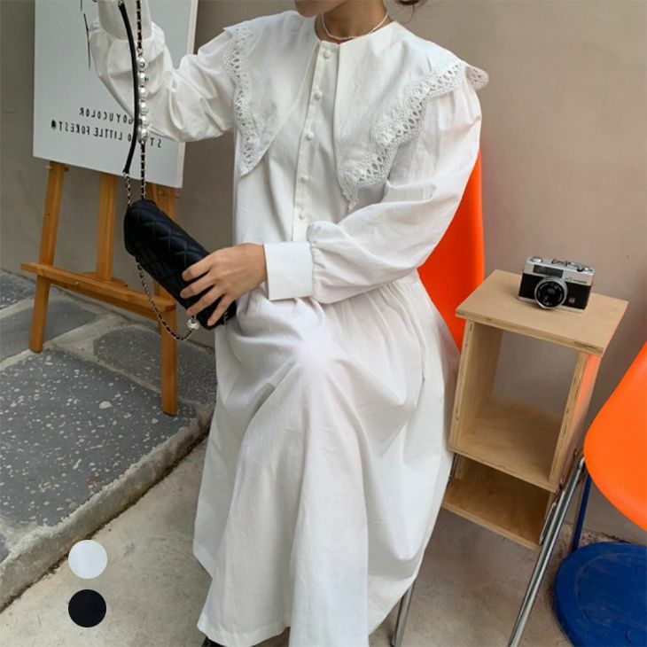 AMELY by La-gemme］レース ビッグカラー シャツワンピース 長袖