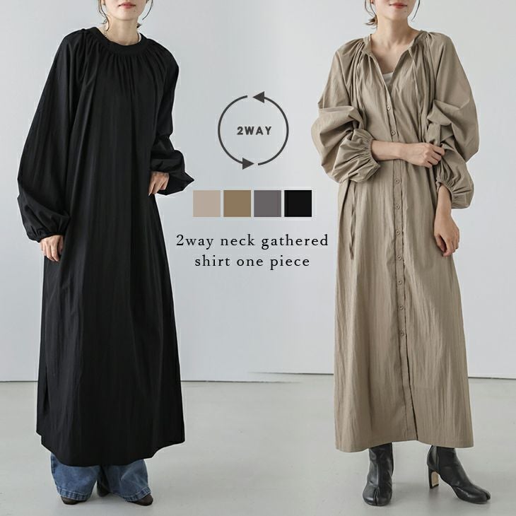 2way シャツワンピース キーネック バンドカラー ボリュームスリーブ