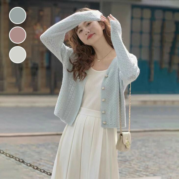 AMELY by La-gemme］Vネック ニット カーディガン 長袖 トップス