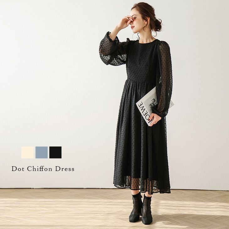 NEMIKA ネミカ　総柄シフォンワンピース 長袖　ロング　日本製　レリアン Leilian PLUS HOUSE（レリアンプラスハウス） ワンピース【NEMIKA