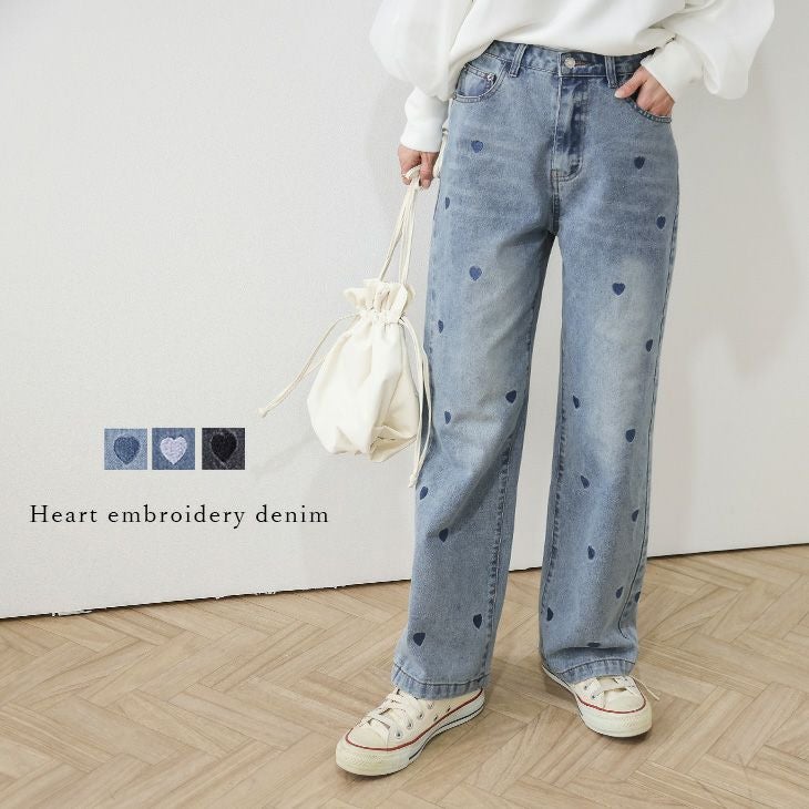 AMELY by La-gemme］デニム ハート刺繍 ジーンズ ストレート