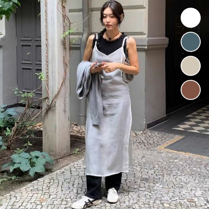 AMELY by La-gemme］キャミ ワンピース ロング丈 サイドスリット
