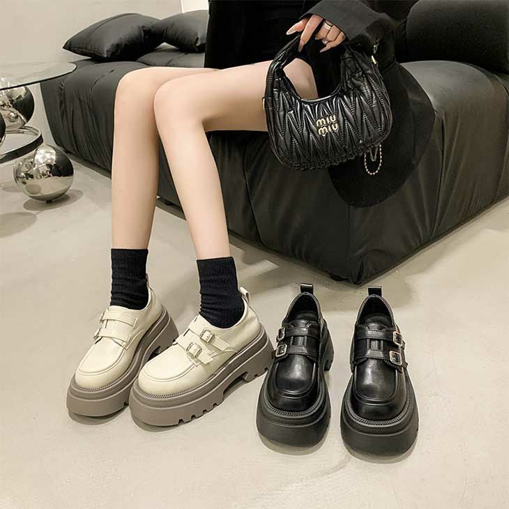 AMELY by La-gemme］ダブル ベルト付き 厚底 ローファー PU ステッチ
