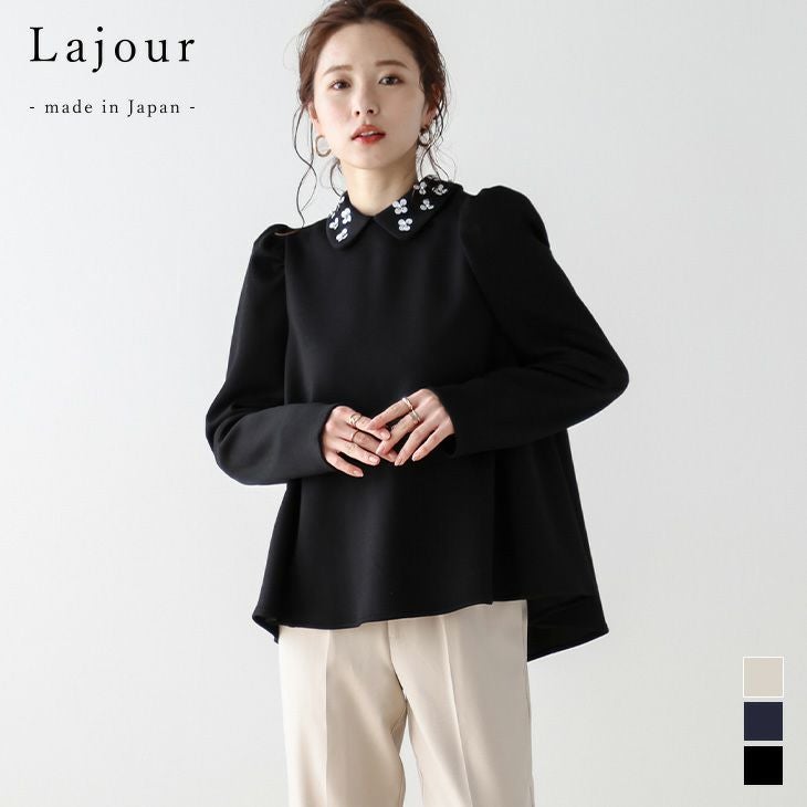 未使用★Lajour/ラジュール ジャガードブラウス パールブローチ付'25年 春夏半額SALE対象】 [Lajour made in Japan] 日本製 トップス プル