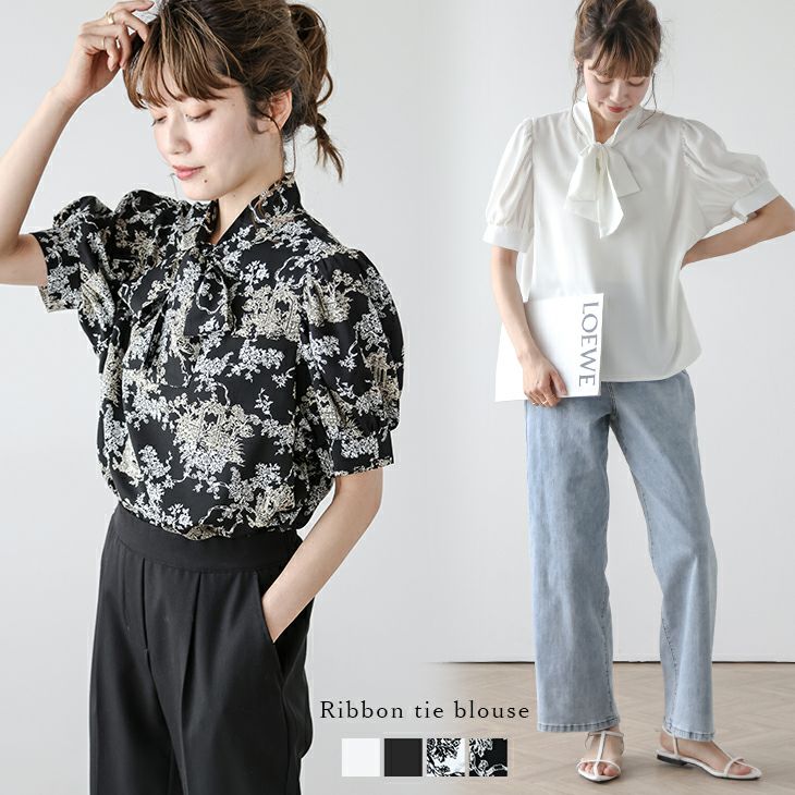 リボンタイ ブラウス 柄シャツ 半袖 花柄 パフスリーブ トップス 上品