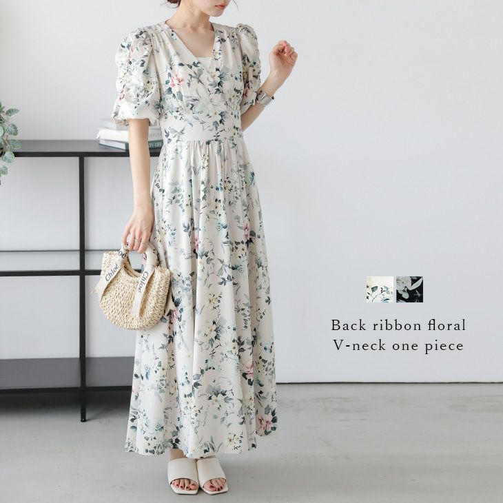 AMELY by La-gemme］ワンピース 花柄 プリント カシュクール Vネック