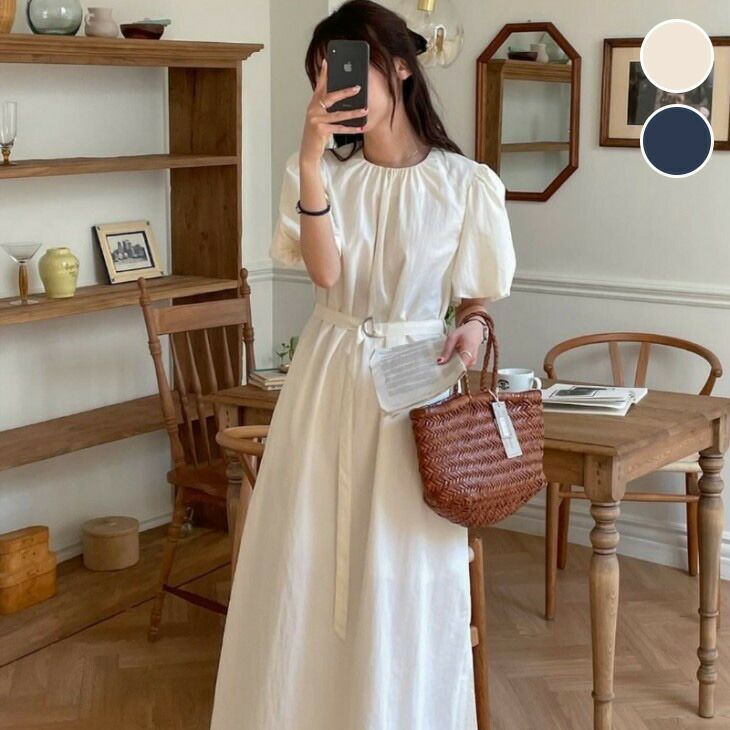AMELY by La-gemme］パフスリーブ ロングワンピース ウエストベルト A