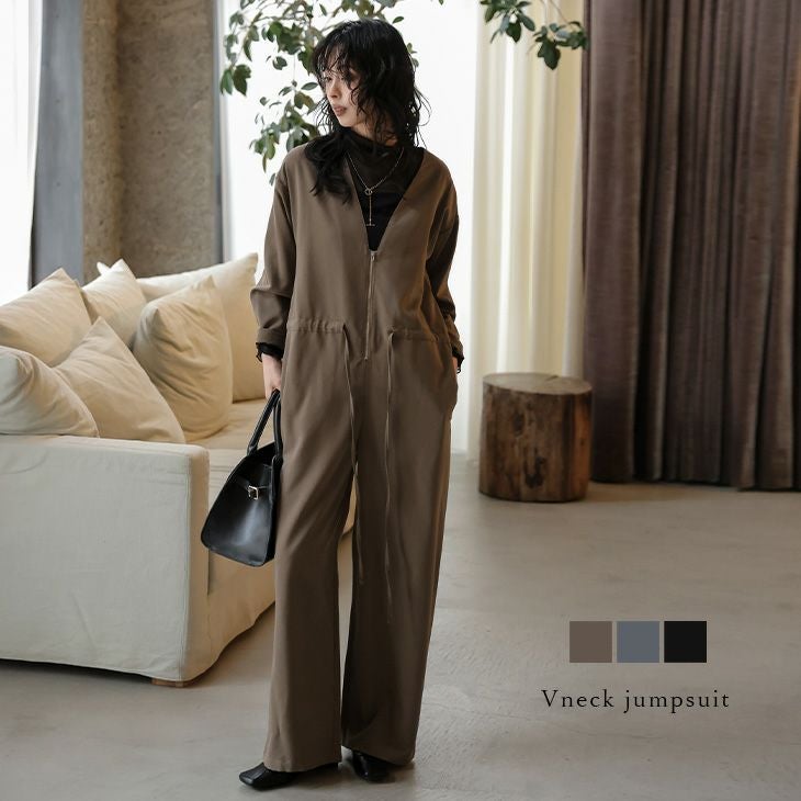 AMELY by La-gemme］ジャンプスーツ オールインワン つなぎ Vネック