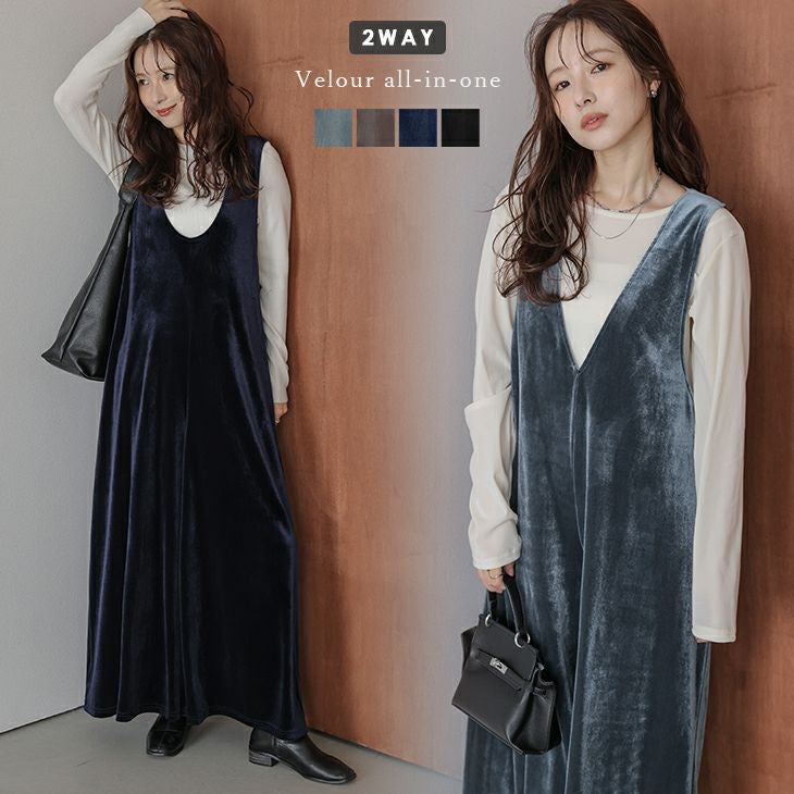 新品未使用タグ付き定価17000円アルベロベロ　オールインワン AMELY by La-gemme］ベロア オールインワン サロペット ワイド