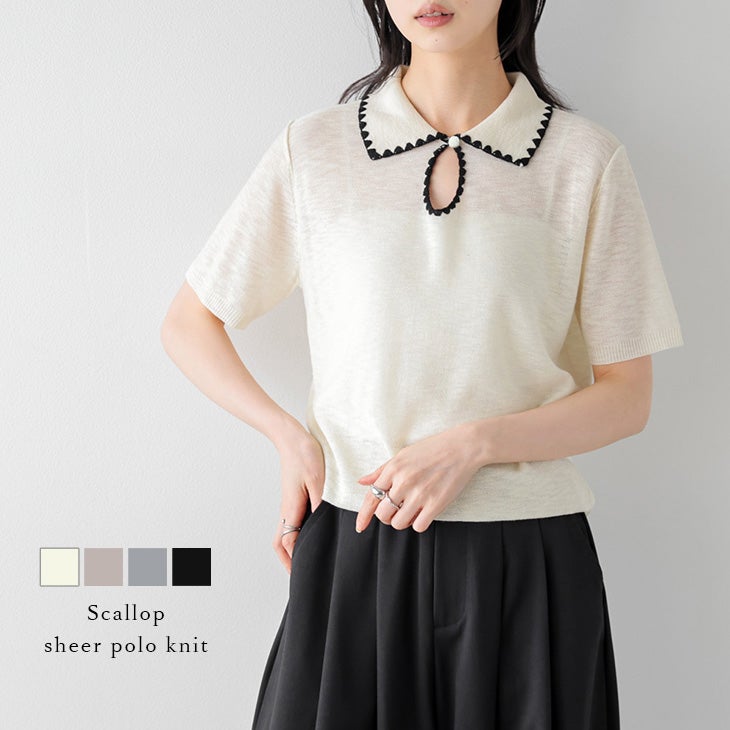 AMELY by La-gemme］シアー ポロニット 半袖 配色ステッチ スカラップ