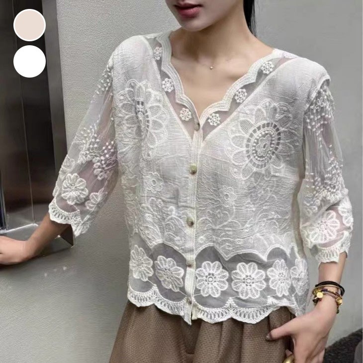 45r*pm レースブラウス ＆裾刺繍ばんつ AMELY by La-gemme］花柄刺繍 レース シアー ブラウス レディース 透け